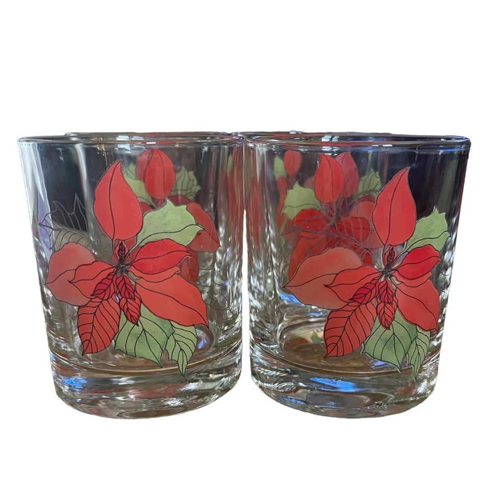 Vintage Block Set of 4 Poinsettia Old Fashion Glasses - Holiday Christmas